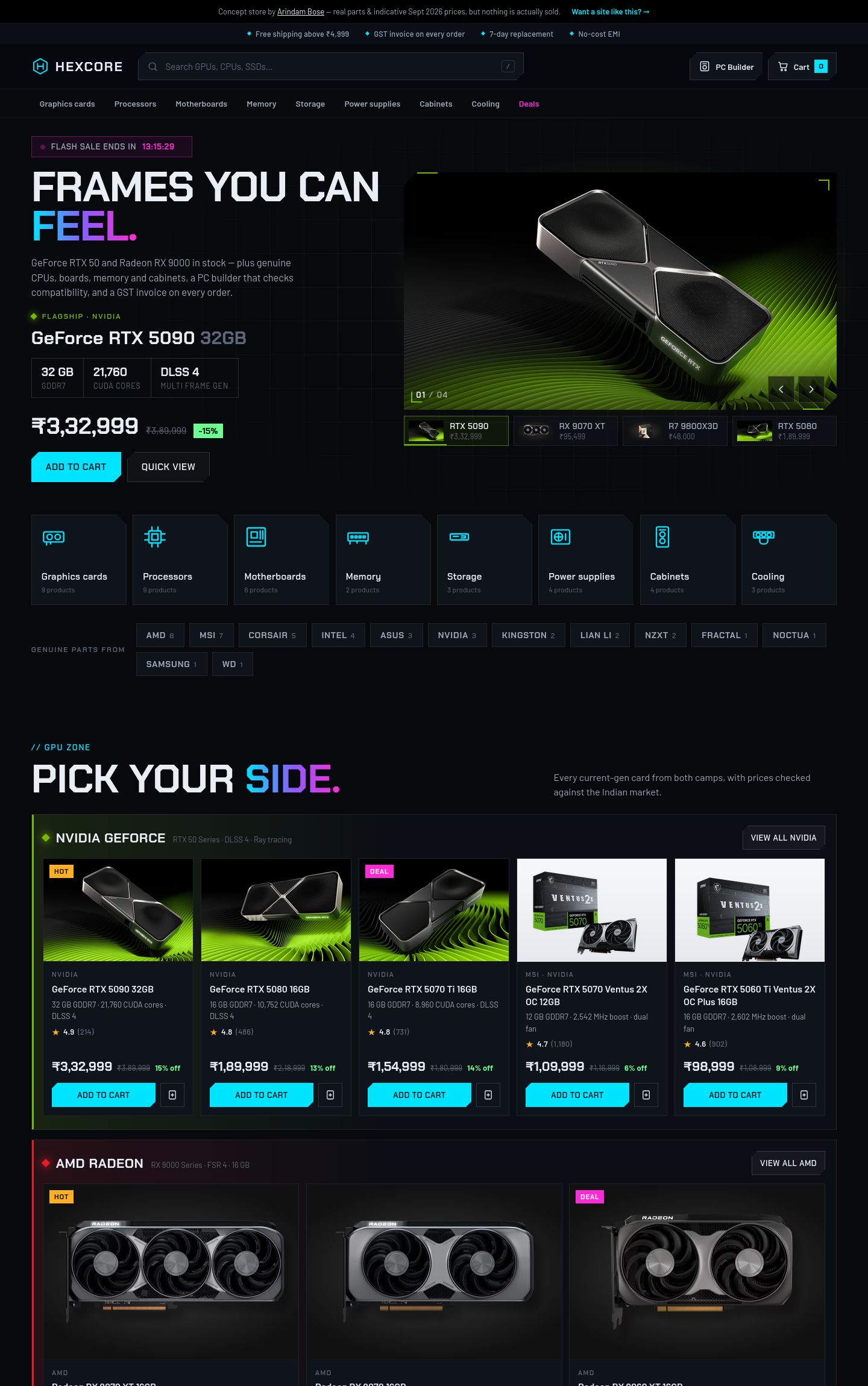 Hexcore PC components store — real GPUs, CPUs and parts with official product photos and a PC builder