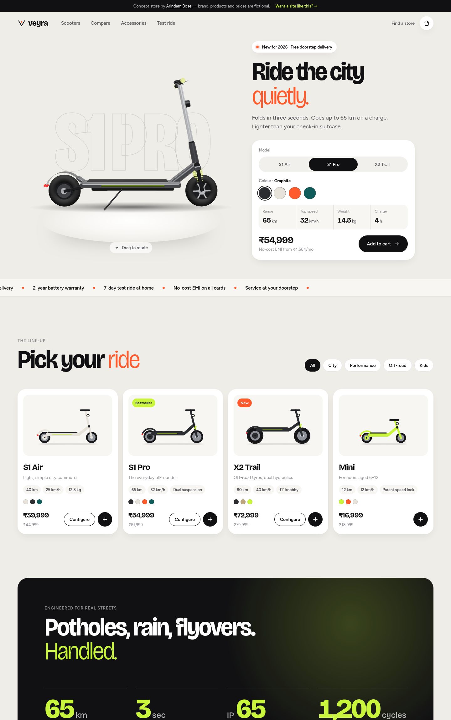 Veyra electric scooter store — homepage with a 3D scooter configurator